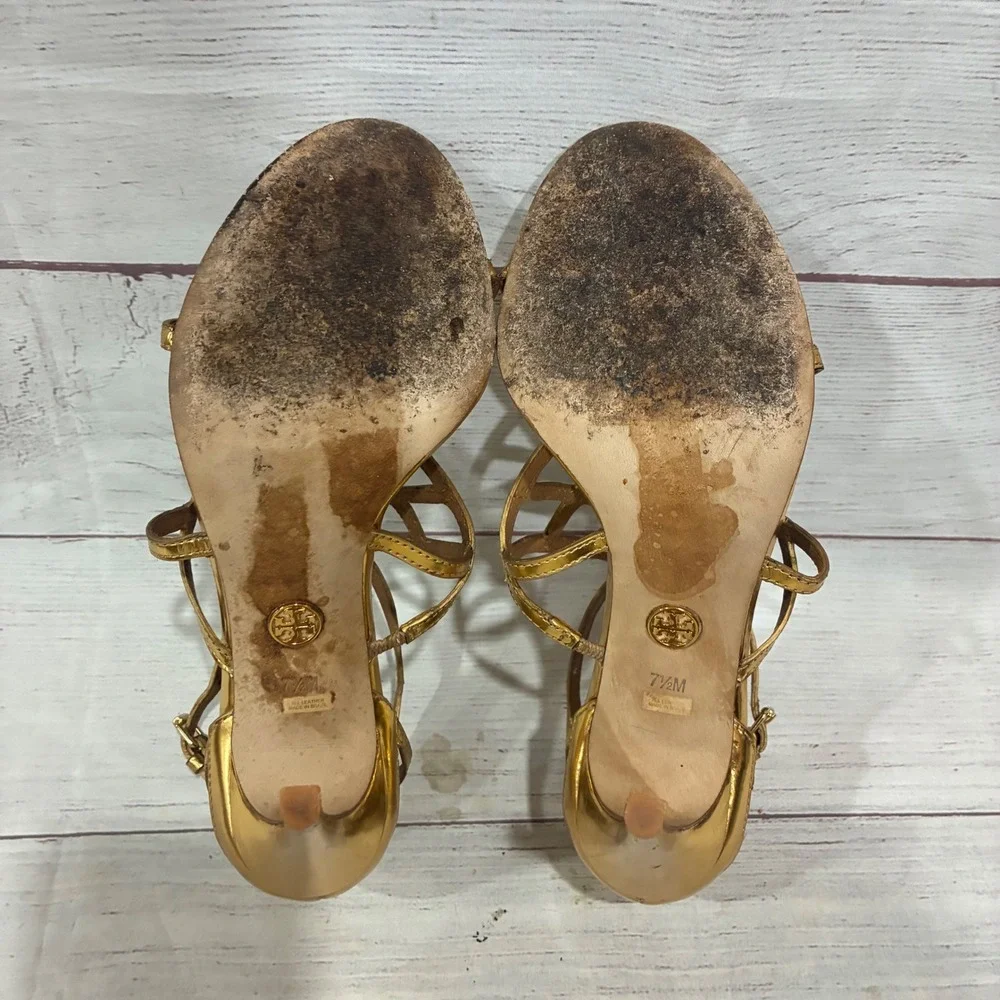 Tory Burch Amalie Strappy Cage Womens 7.5 Gold Metallic Stiletto Heels Buckle